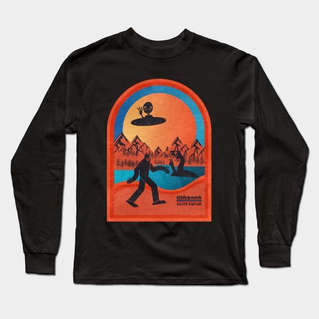 Hide And Seek.Retro Bigfoot Alien And Loch Ness Monster Long Sleeve T-Shirt by FullOnNostalgia